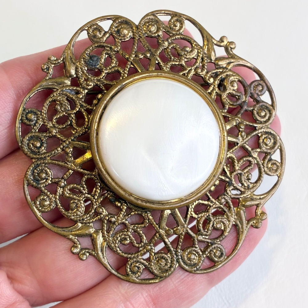 Vintage Brooch Gold Tone Filigree White Faux Pearl Floral Statement Pin